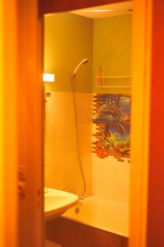 レ・メニュアールにあるStudio Les Menuires Brelinのバスルーム(シャワー、シンク、バスタブ付)