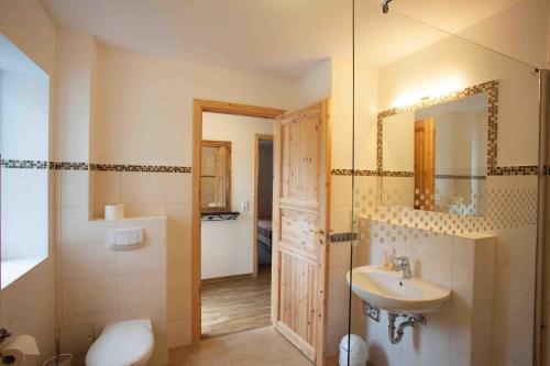 a bathroom with a sink and a toilet and a mirror at Haus Stoertebeker Appartements - Hotel Garni, Seebad Lubmin in Lubmin