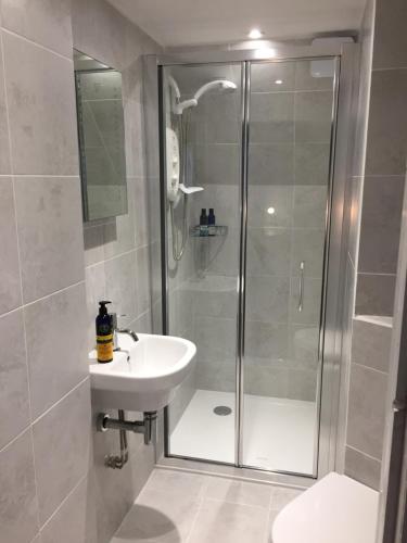 a bathroom with a shower and a sink at Circles Guest House in Pewsey