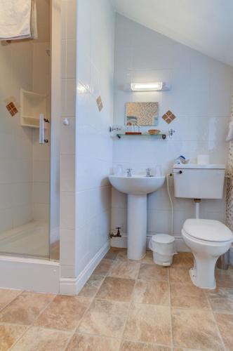 a bathroom with a sink and a toilet and a shower at Dolphin Guesthouse in Scarborough