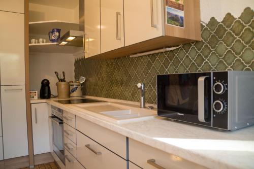 a kitchen counter with a microwave and a sink at Zum Ehranger Wald 2a in Trier