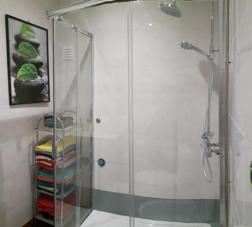 a shower with a glass door in a bathroom at Alegria Apartment in Porto