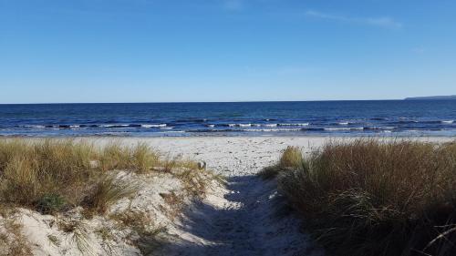 a sandy beach with the ocean in the background at Ferienwohnung Finja in Putgarten, Kap Arkona Rügen in Putgarten