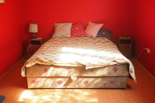 a bedroom with a large bed with red walls at Privatzimmer Csikos in Hortobágy
