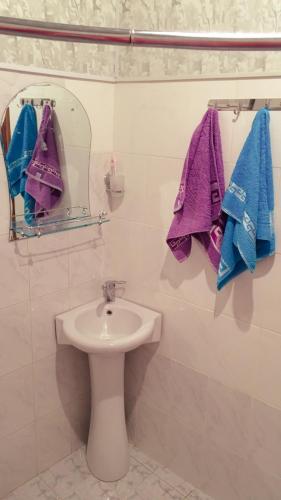 a bathroom with a sink and a mirror and towels at Areguni Guest House in Dilijan
