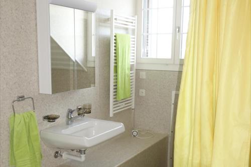 baño con lavabo y cortina de ducha amarilla en Sitter-Panorama, en Bischofszell