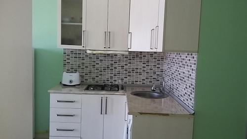 a small kitchen with white cabinets and a sink at Mancho's Apartment 8 in Batumi