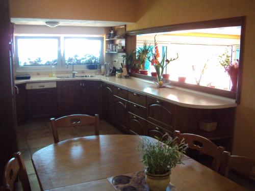 a kitchen with a table and a sink and two windows at Apartment Nella Kostrena in Kostrena