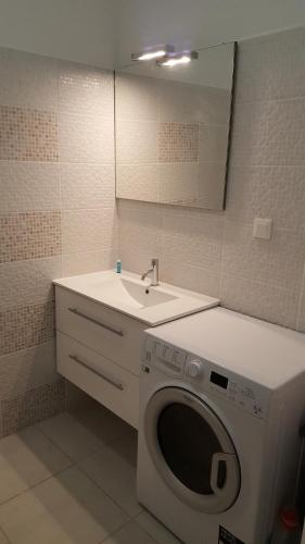 a bathroom with a washing machine and a sink at Le Gite de La Gravette in Carcassonne