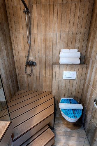 a bathroom with a shower and a toilet and towels at Chateau Nightingales in Hostouň