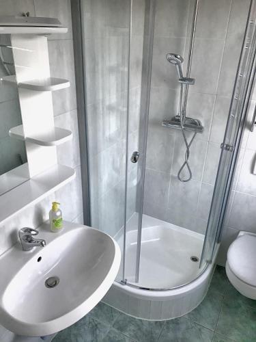 a bathroom with a shower and a sink and a toilet at Pension Maria am Schlosspark in Gotha