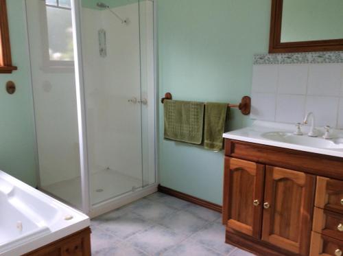 een badkamer met een douche en een wastafel bij Our Cottage in Ross