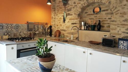 a kitchen with a sink and a counter with a plant at Casa Pablo in Badalucco