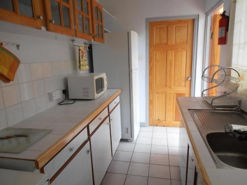 a kitchen with a sink and a microwave on a counter at Bougainvillea Apartments in Saint Georgeʼs
