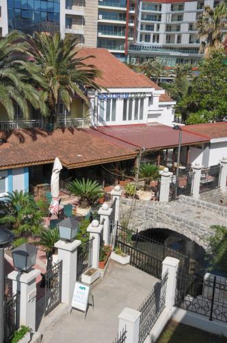 an aerial view of a building with a bridge at Hotel Oaza in Budva