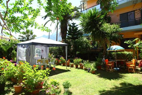 a garden with an umbrella and chairs and plants at Homer Studio in Nydri