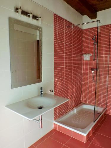 a bathroom with a sink and a shower with a mirror at Casa Salto de Roldán in Apiés