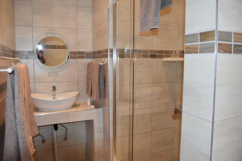 a bathroom with a glass shower and a sink at Quiver Inn Guesthouse in Keetmanshoop