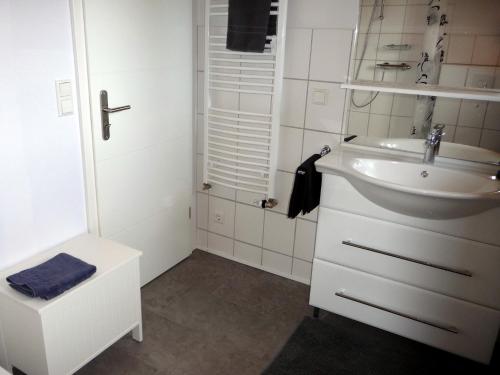 La salle de bains blanche est pourvue d'un lavabo et d'une douche. dans l'établissement Ferienhaus Gartenblick, à Dierdorf