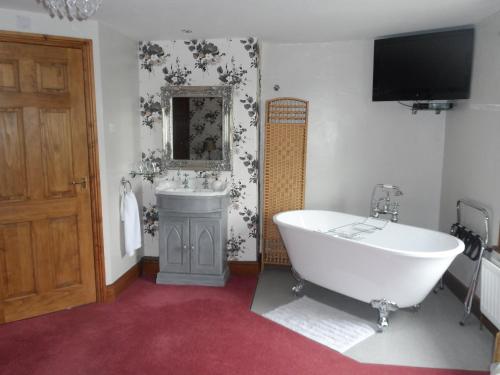 a bathroom with a tub and a sink and a television at Midtown Farm Bed & Breakfast in Easton