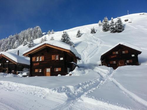 two wooden cabins are covered in snow at Alphütte Bielerhüs in Fiesch