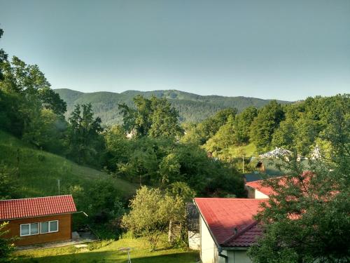 a house in the middle of a valley with mountains at Country House Kosiv in Kosiv