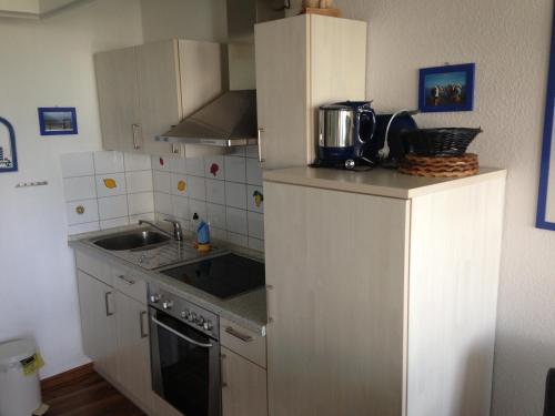 a small kitchen with a sink and a stove at Ferienwohnung 210 Vitamar in Schmarren