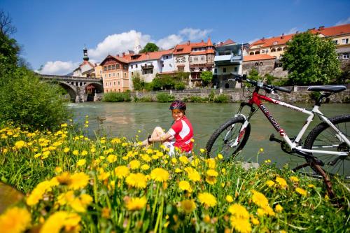 a child standing in a river next to a bike at Gästehaus Biobauernhof Mandl in Murau
