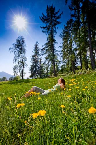 a woman laying in a field of flowers at Gästehaus Biobauernhof Mandl in Murau