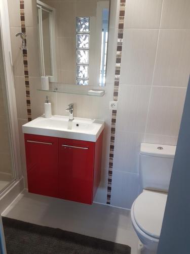 a bathroom with a red sink and a toilet at La Combe Joseph in Remoulins