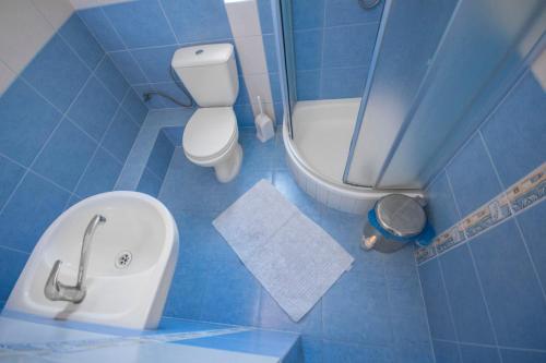 a blue bathroom with a toilet and a sink at Roza Wiatrow in Chłopy