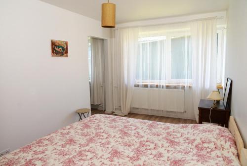 Un dormitorio con una cama grande y una ventana en Nijole ir Algimantas, en Anykščiai