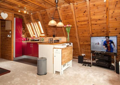 a kitchen with wooden walls and a tv in a room at Grafham Water Lodge in Grafham