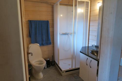 a bathroom with a toilet and a shower and a sink at Hytten in Silkeborg