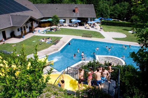 een groep mensen in een zwembad in een resort bij Das kleine Berghotel in Liesing