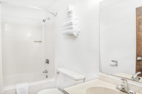 a bathroom with a toilet and a sink and a mirror at Super 8 by Wyndham Montgomery Maybrook in Montgomery