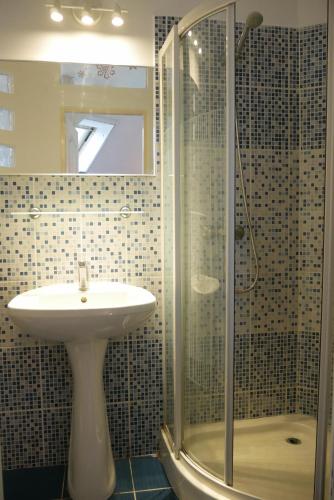 a bathroom with a sink and a shower at Casa Boer in Satu Mare
