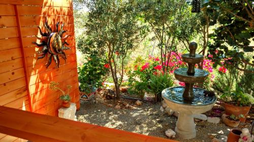 a garden with a fountain and some plants and flowers at Vinofilia Wine Country Inn in Valle de Guadalupe