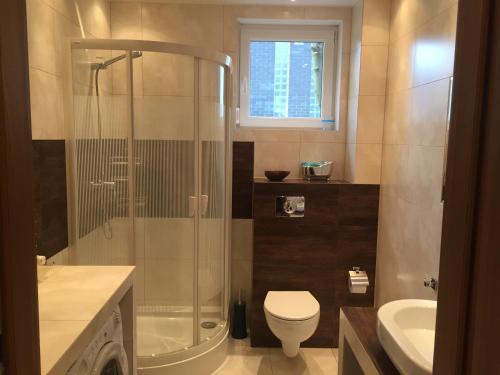 a bathroom with a shower and a toilet and a sink at Apartament Ella in Międzywodzie