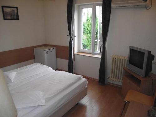 a bedroom with a bed and a tv and a window at Villa Carmelita in Craiova