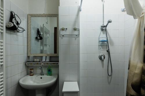 La salle de bains blanche est pourvue d'une douche et d'un lavabo. dans l'établissement Seb's Crib, à Mondovi
