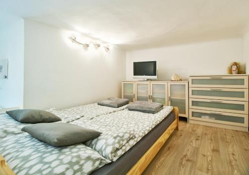 a bedroom with a bed and a tv on the wall at Studio Apartment Green Wall in Zagreb