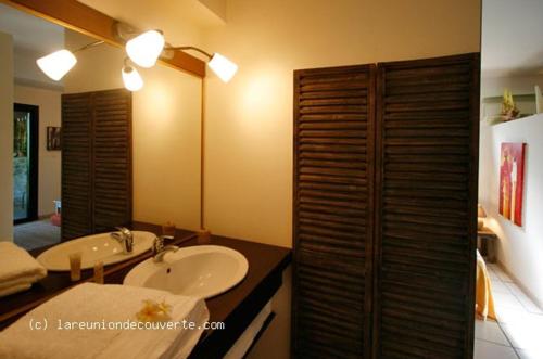 La salle de bains est pourvue d'un lavabo et d'un miroir. dans l'établissement La Buddha Case, à L'Étang-Salé