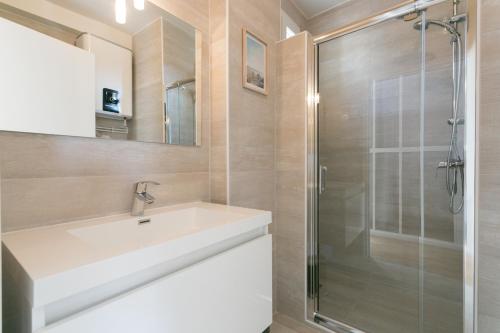 La salle de bains est pourvue d'un lavabo et d'une douche. dans l'établissement Assas-Vavin Appartements, à Paris