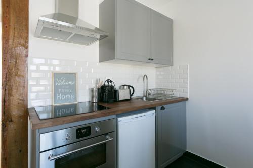 une cuisine avec un évier et une cuisinière dans l'établissement Assas-Vavin Appartements, à Paris