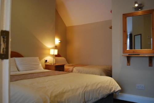 a hotel room with two beds and a mirror at Parkway Guesthouse in Dublin