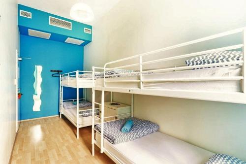 ヴロツワフにあるグランパズ ホステルの青い壁の客室で、二段ベッド2組が備わります。