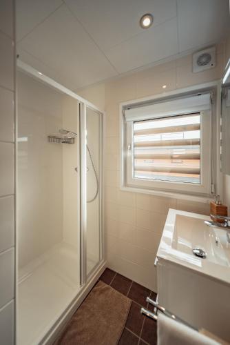 a bathroom with a shower and a sink at Goitzsche Resort in Bitterfeld