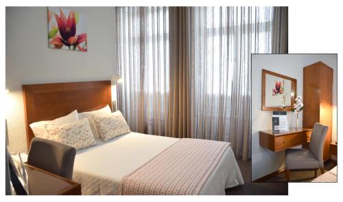 a hotel room with a bed and a desk and a bed at Lusitana Hotel in Porto