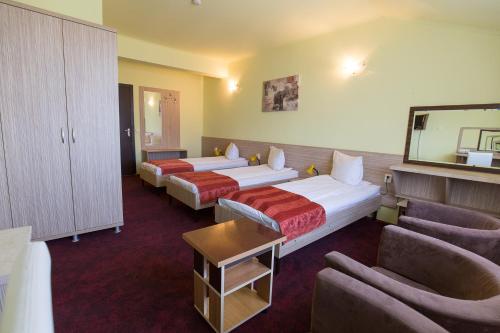 オラデアにあるPension Varadiaのベッド2台とソファが備わるホテルルームです。